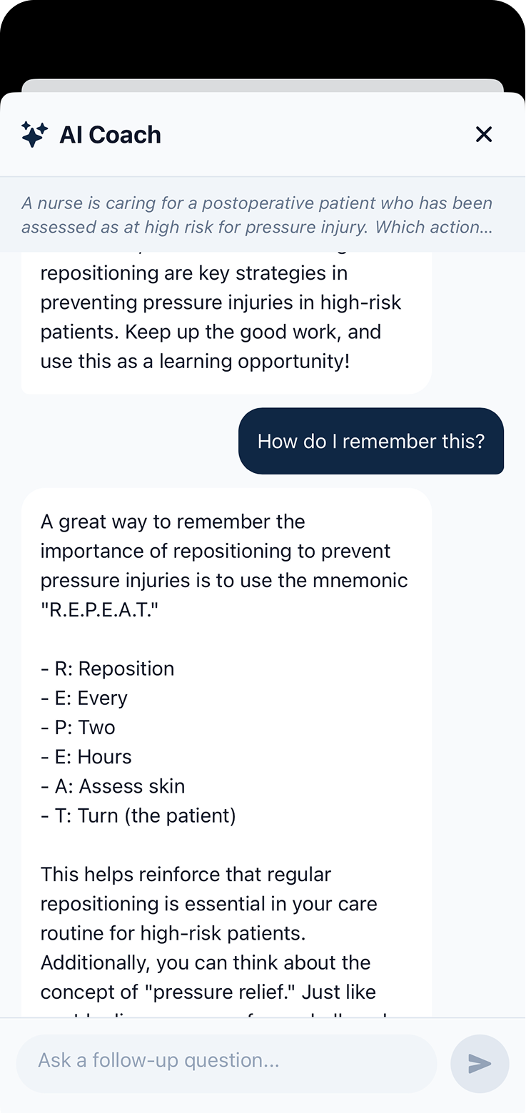 AI Coach explaining NCLEX concepts with interactive follow-up questions